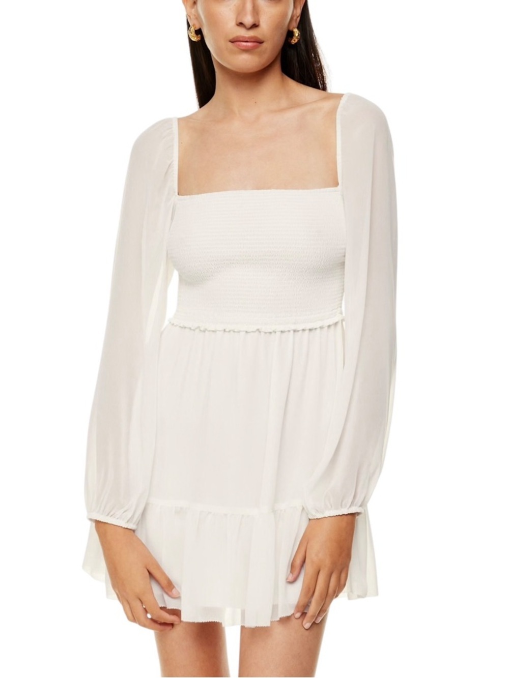 Aritzia Wilfred Tempest Long Sleeve Mini Dress White Smocked Chiffon Sz L